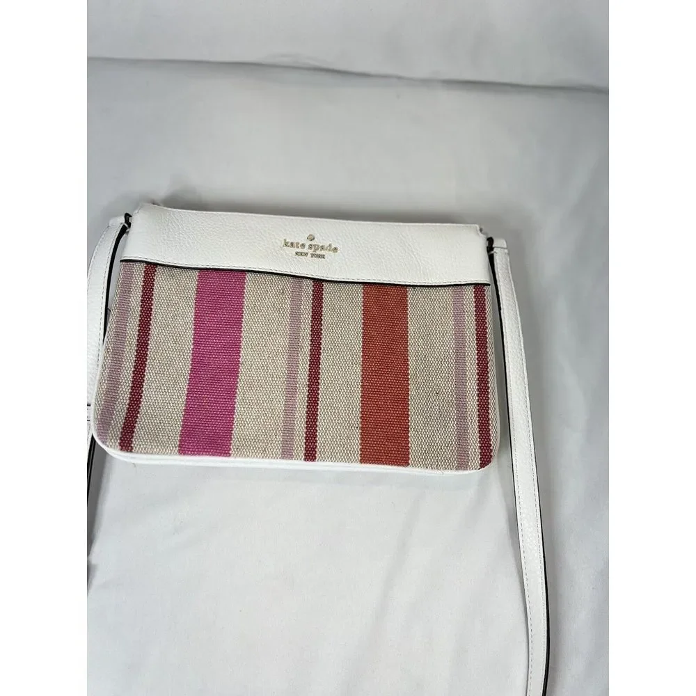 Kate Spade Leila Triple‎ Gusset Canvas Leather Crossbody Pink White Stripe SMALL